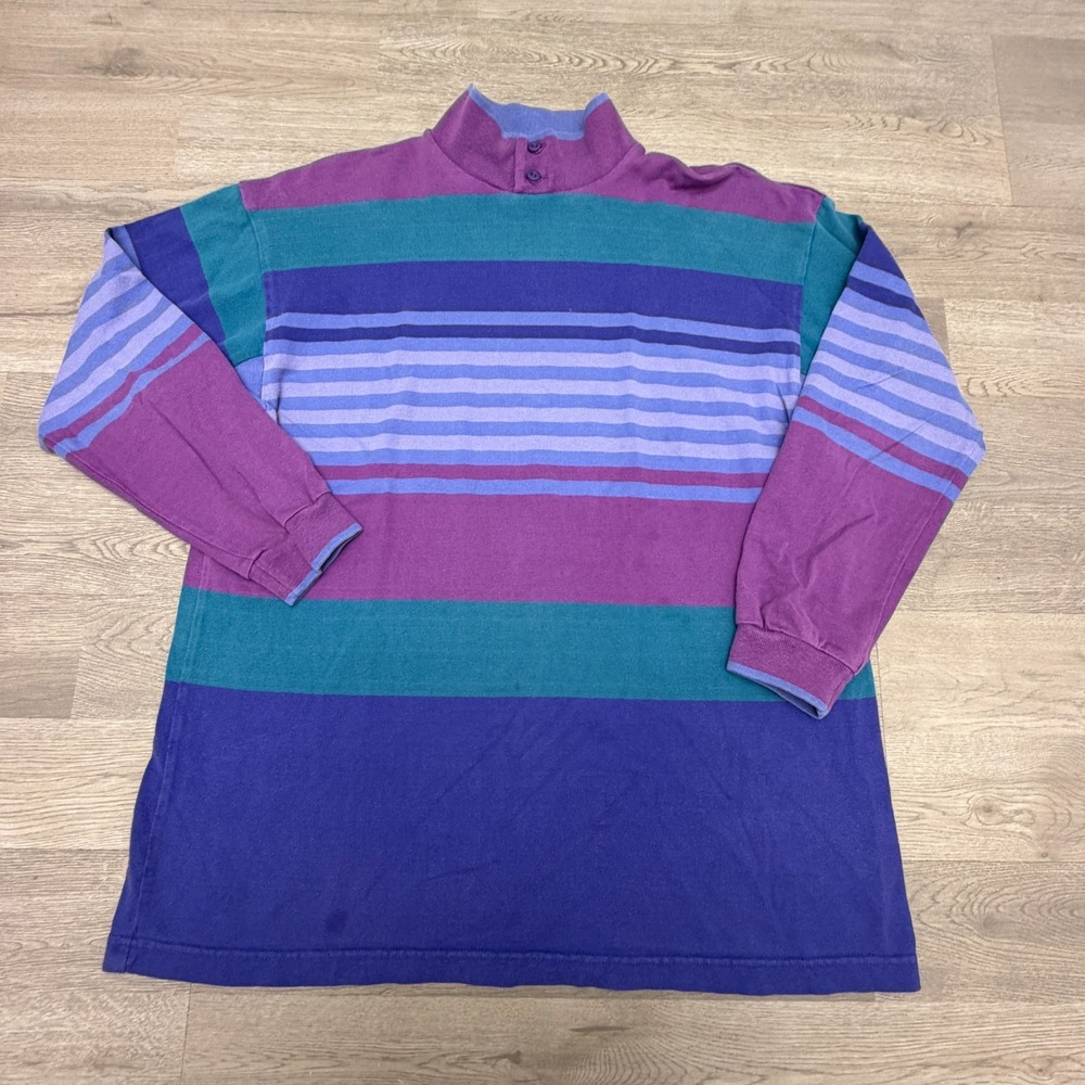 VTG LL Bean Mock-Neck Rugby Shirt Womens Medium Striped USA Made 90s Heavy Thick
